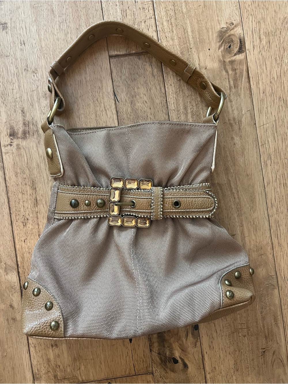 kathy ireland Tan Canvas and Leather Shoulder Bag with Embellished Buckle